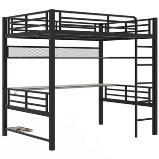 Full Size Loft Bed Frame With Storage Shelf And LED Light - Black