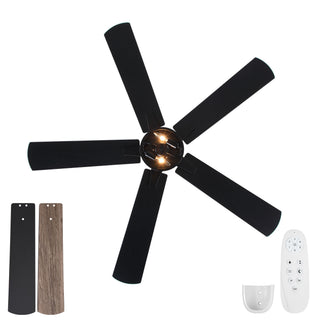 Ceiling Fan With Light, Dual‑Sided Matte Black & Wood Grain Blades - Black