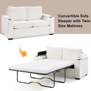 Pull Out Sofa Bed Loveseat With Twin Mattress, Cup Holders And Arm Storage