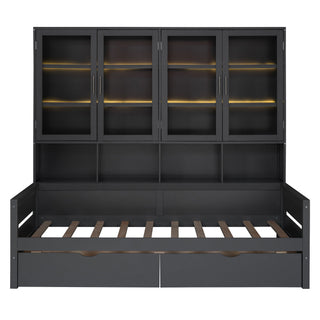 Daybed With Glass Door Storage Cabinets, Built In LED Lighting And Shelves