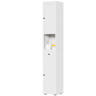 Tall Bathroom Storage Cabinet, 5-Tier Narrow With 2 Doors & Adjustable Shelves, Freestanding - White