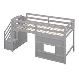 Loft Bed With Storage Staircase, Window & LED Light