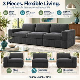 Oversized Modular Sectional Sofa 3 Piece Set For Living Room - Dark Gray