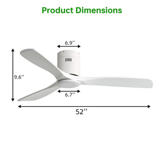 52" Flush Mount Ceiling Fan With Remote, No Light, 3 Blades, 6 Speed DC Motor For Indoor Patio - White