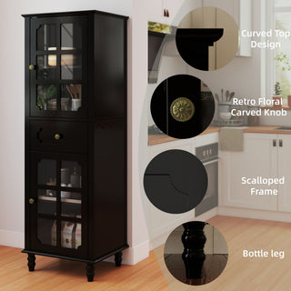 Storage Cabinet, Freestanding Curio Cabinet With Grid Doors & Drawer, Pantry Display Cabinet For Kitchen