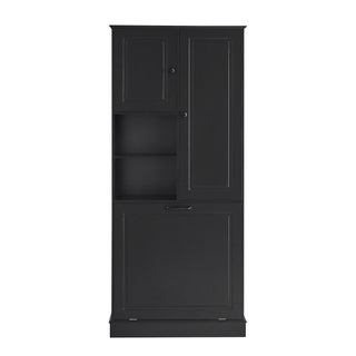 Modern Tall Storage Cabinet With Adjustable Shelves, Flip-Out Basket & Enclosed Doors