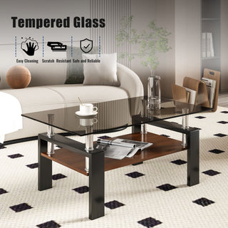 Modern Rectangular Coffee Table With Tempered Transparent Glass Top And Storage Shelf