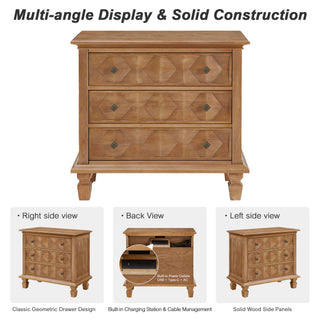 Nightstand With Charging Station, 3 Drawer Bedside Table - Natural Wood