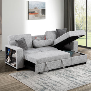Buzz - Reversible Sleeper Sectional Sofa With Storage Chaise, Console Arm, USB Charging & Cup Holders - Gray