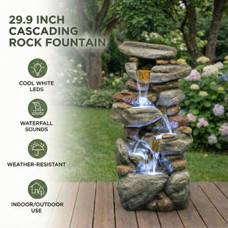 Stacked Rock Waterfall Fountain With LED Lights For Garden - Gray