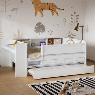 Twin Daybed With Drawers, Trundle, Headboard Storage, Study Desk, And USB Charging Station - White
