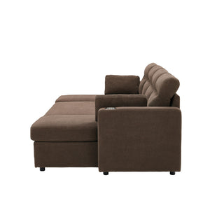 Convertible Sectional Sofa With Storage Chaise, Cup Holders And Pull Out Sleeper