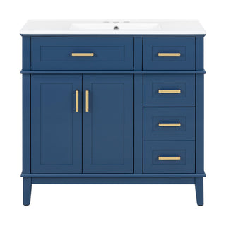 Bathroom Vanity With Ceramic Sink, Soft-Close Doors, 4 Storage Drawers - Blue