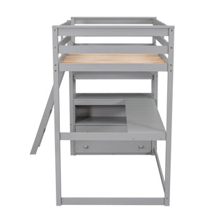 Modern Loft Bed With Built In Desk, Shelves, And 2 Drawers