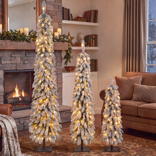 Slim Snow Flocked Pre Lit Pencil Christmas Tree, 3.9Ft / 5.9Ft / 7.9Ft With 750 Branch Tips, 480 LED Lights, Warm Glow, For Indoor Holiday Decor - White