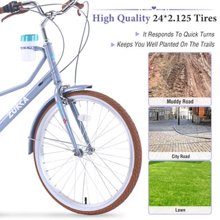 24" Cruiser Bike With 6 Speed Gear System, Rear Rack & Cup Holder