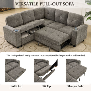 5 Seat Reversible L - Shaped Sleeper Sofa, Pull Out Convertible Sectional Couch With Storage, USB C - Charger, Cup Holders Modular Sofa Bed - Gray