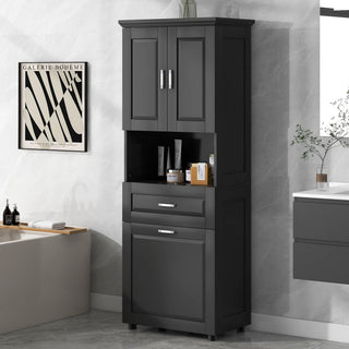 Tall Bathroom Cabinet With Tilt-Out Laundry Basket And Upper Storage
