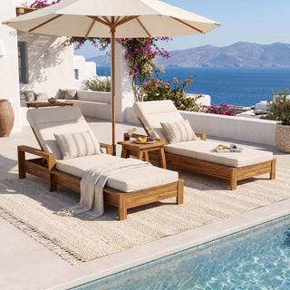 Chaise Lounge Set With 4 Fold Cushion And Built In Headrest, 3 Position Adjustable, For Patio Pool - Cream / Teak