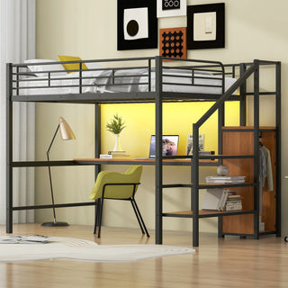 Loft Bed With Desk, Storage Staircase, Small Wardrobe And LED Light