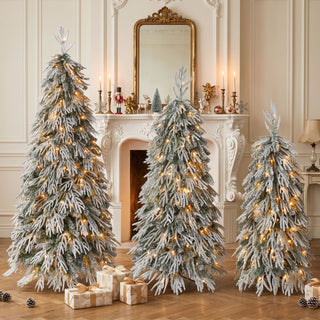 Snowy Cascading Christmas Trees 3 Piece Set With Warm LED Lighting, Flocked Weeping Branches, Multi Level Indoor Decor - Green