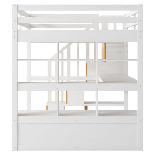 Full Size Loft Bed With Desk And Shelves, 2 Built In Drawers, Storage Staircase - Natural / White