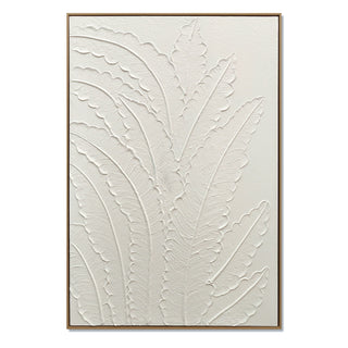 Framed Botanical Leaf Wall Art, Thick Textured Canvas Painting, Neutral Decor For Living Room - White
