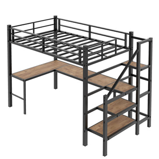 Loft Bed & L-Shaped Desk, Large Storage Space
