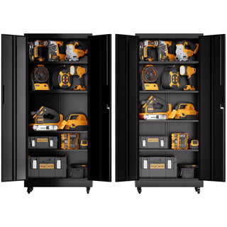 Storage Cabinet With Wheels And Lock, 4 Adjustable Shelves, 3 Point Locking Security, For Tool Organization In Garage - Black