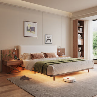Floating King Size Bed With Integrated Side Tables And Smart Lighting - Beige Gray / White