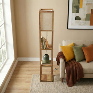 Pinnacle - Shelf Floor Lamp For Bedroom / Living Room, Long Shade - Natural Wood / White