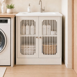 Louvered Double Door Floor Standing Bathroom Vanity Cabinet With Adjustable Shelf - White