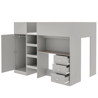 Loft Bed With Built In Wardrobe, Desk, Shelves, And Drawers