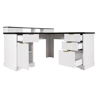 Fluted L-Shaped Desk With Charging Station & Storage Cabinet