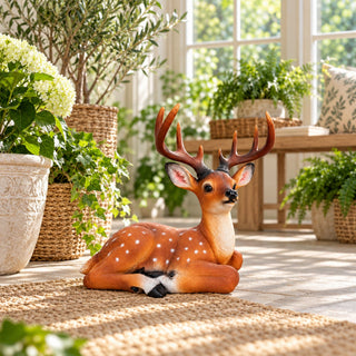 Lying Deer Garden Statue, Buck Sculpture With Detachable Antlers For Outdoor Decor - Brown