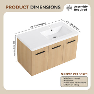 Wall Mounted Floating Bathroom Vanity With Sink, 3 Door Modular Cabinet