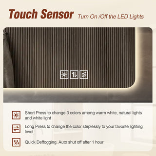 Wall Mounted LED Lighting Mirror With 3 Color Lighting, Dimming, Waterproof, Anti Fog, Touch Switch - Silver