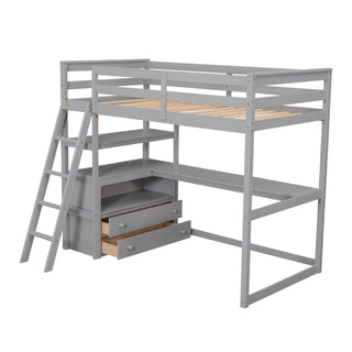 Modern Loft Bed With Built In Desk, Shelves, And 2 Drawers