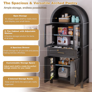 Arched Kitchen Pantry Cabinet With Adjustable Shelves & Barn Door Design