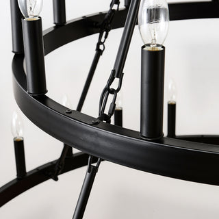 2 Tiers Wagon Wheel Chandelier Wooden Farmhouse 36 Light (24 / 12) Or (12 / 24) Metal Chandeliers 2 Story Light Fixtures Industrial For High Ceiling Living Dining Room Foyer, Adjustable Height - Black