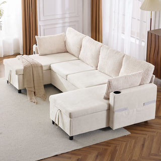 Sectional Sofa Bed With Pull Out Sleeper, USB Ports, Cup Holders