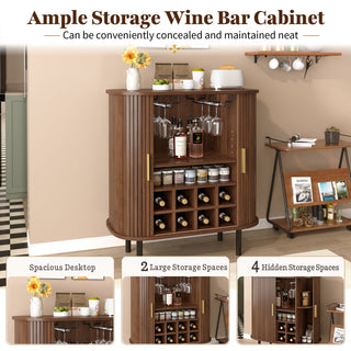 Fluted Wine Bar Cabinet With 8 Grid Wine Rack, 5 Level Adjustable Shelves, 2 Glass Holders