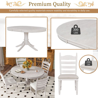 Trexm 5-Piece Retro Functional Dining Table Set Wood Round Extendable Dining Table And 4 Upholstered Dining Chairs (Antique White)