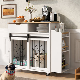 Modern Style 2 In 1 Pet Friendly Dog Crate Kitchen Island End Table Metal Pine - Natural / White
