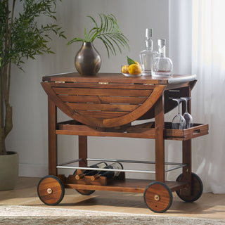 Wood And Aluminum Bar Cart With 2 Shelves - Oak / Silver