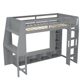 Gaming Loft Bed With Desk, Multi Storage Shelves, LED Lighting, And Hanging Clothes Rack