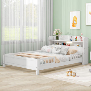 Wood Platform Bed With Built In LED Light, Storage Headboard And Guardrail