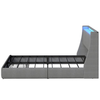 Upholstered Platform Bed Frame With RGB LED Lights, Charging Station & 2 Underbed Drawers
