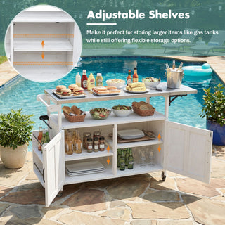 Foldable Outdoor Kitchen Island With Lockable Wheels, Storage Cabinet And Towel Rack For Patio