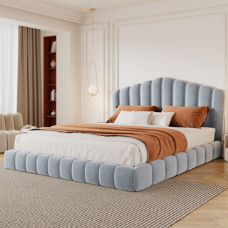 Queen Upholstered Bed Frame With Shell Shaped Headboard - Light Blue - Light Blue